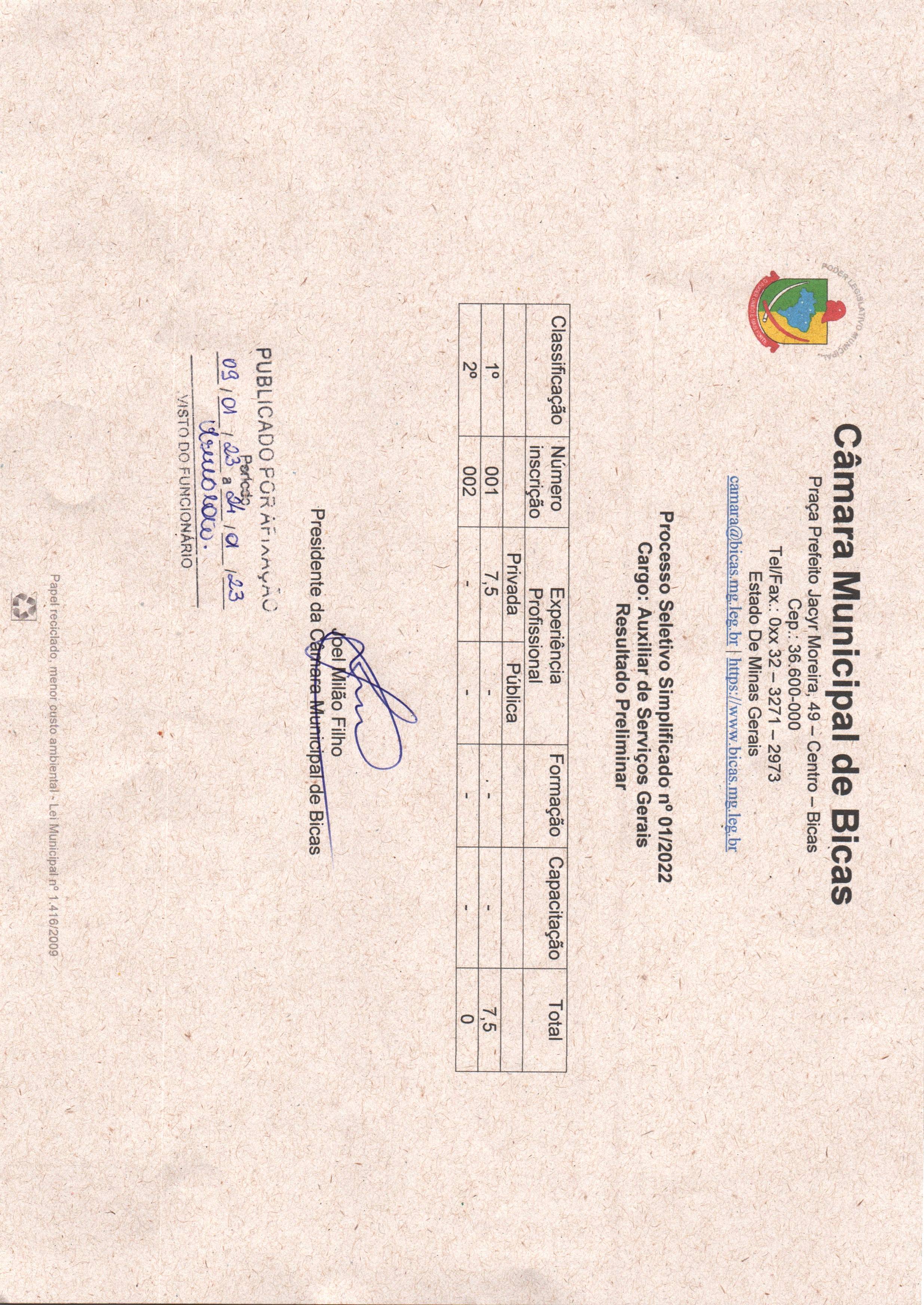 Resultado preliminar - Processo Seletivo 01 /2022